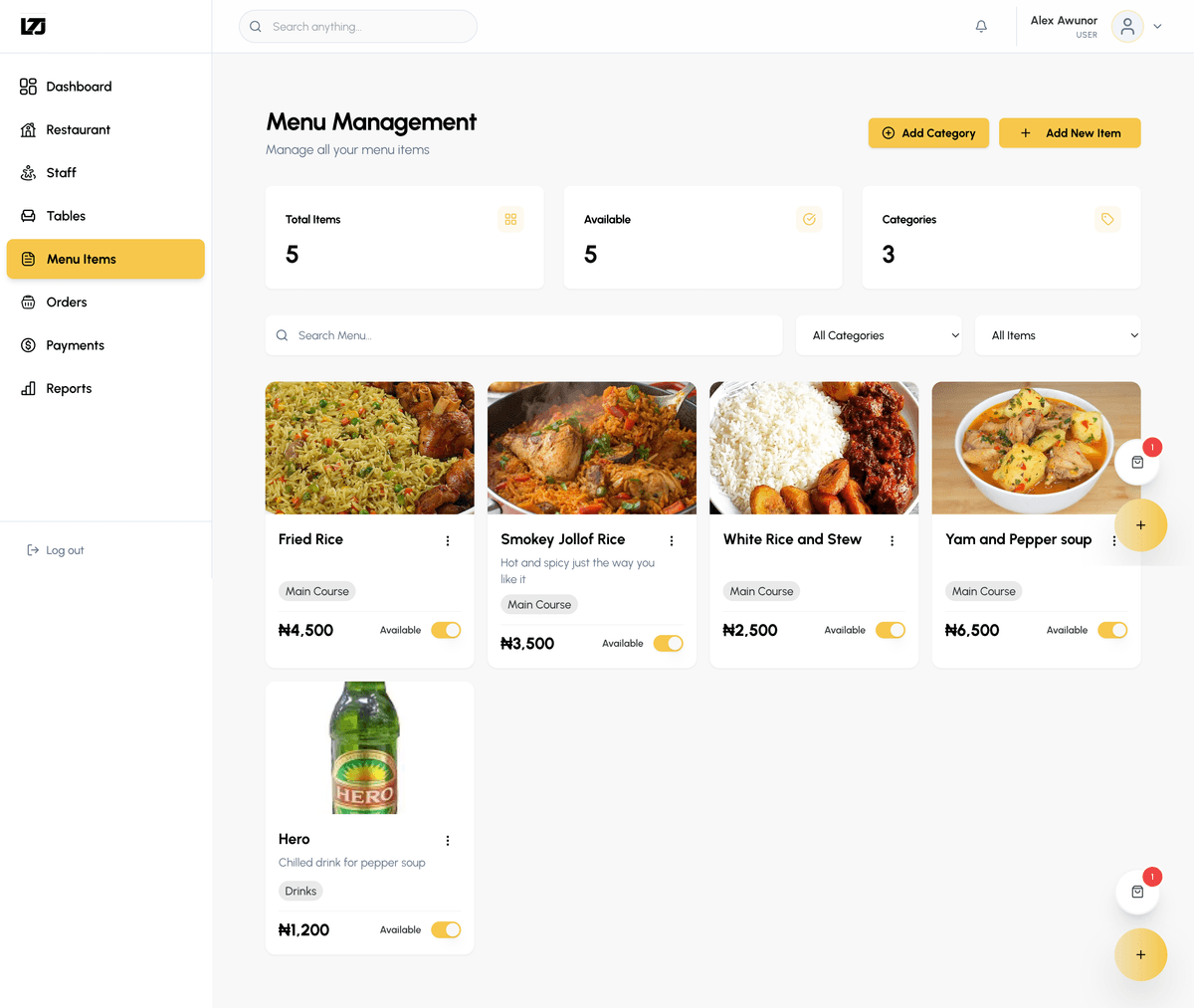 Restaurant management dashboard